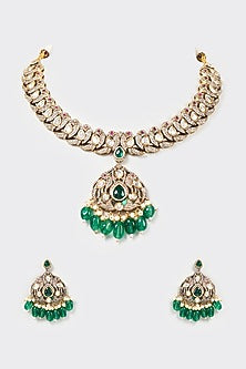 Two Tone Finish Kundan Polki & Green Beaded Necklace Set