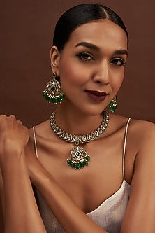 Two Tone Finish Kundan Polki & Green Beaded Necklace Set