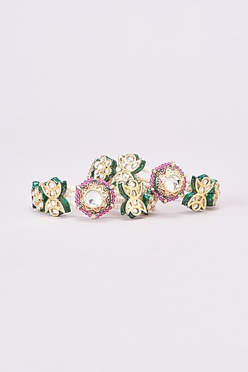 Gold Finish Kundan Polki & Multi-Colored Synthetic Stone Bangles (Set of 2)