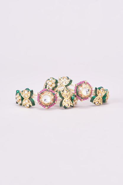 Gold Finish Kundan Polki & Multi-Colored Synthetic Stone Bangles (Set of 2)