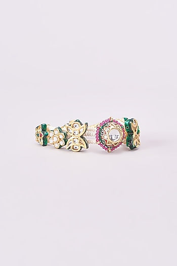 Gold Finish Kundan Polki & Multi-Colored Synthetic Stone Bangles (Set of 2)