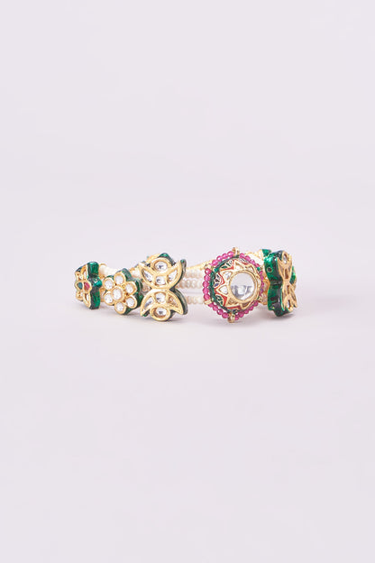 Gold Finish Kundan Polki & Multi-Colored Synthetic Stone Bangles (Set of 2)