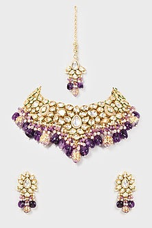 Gold Finish Kundan Polki & Purple Beaded Necklace Set