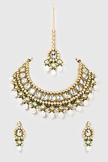 Gold Finish Kundan Polki & Pearl Choker Necklace Set