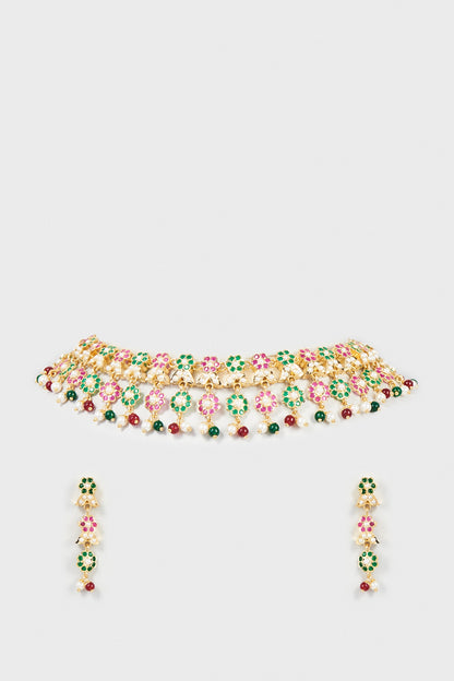 Gold Finish Kundan Polki & Pearl Choker Necklace Set