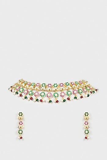 Gold Finish Kundan Polki & Pearl Choker Necklace Set