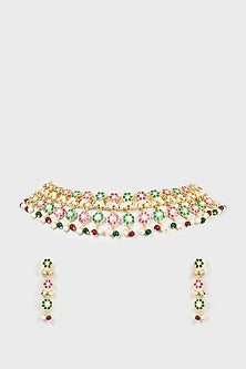 Gold Finish Kundan Polki & Pearl Choker Necklace Set