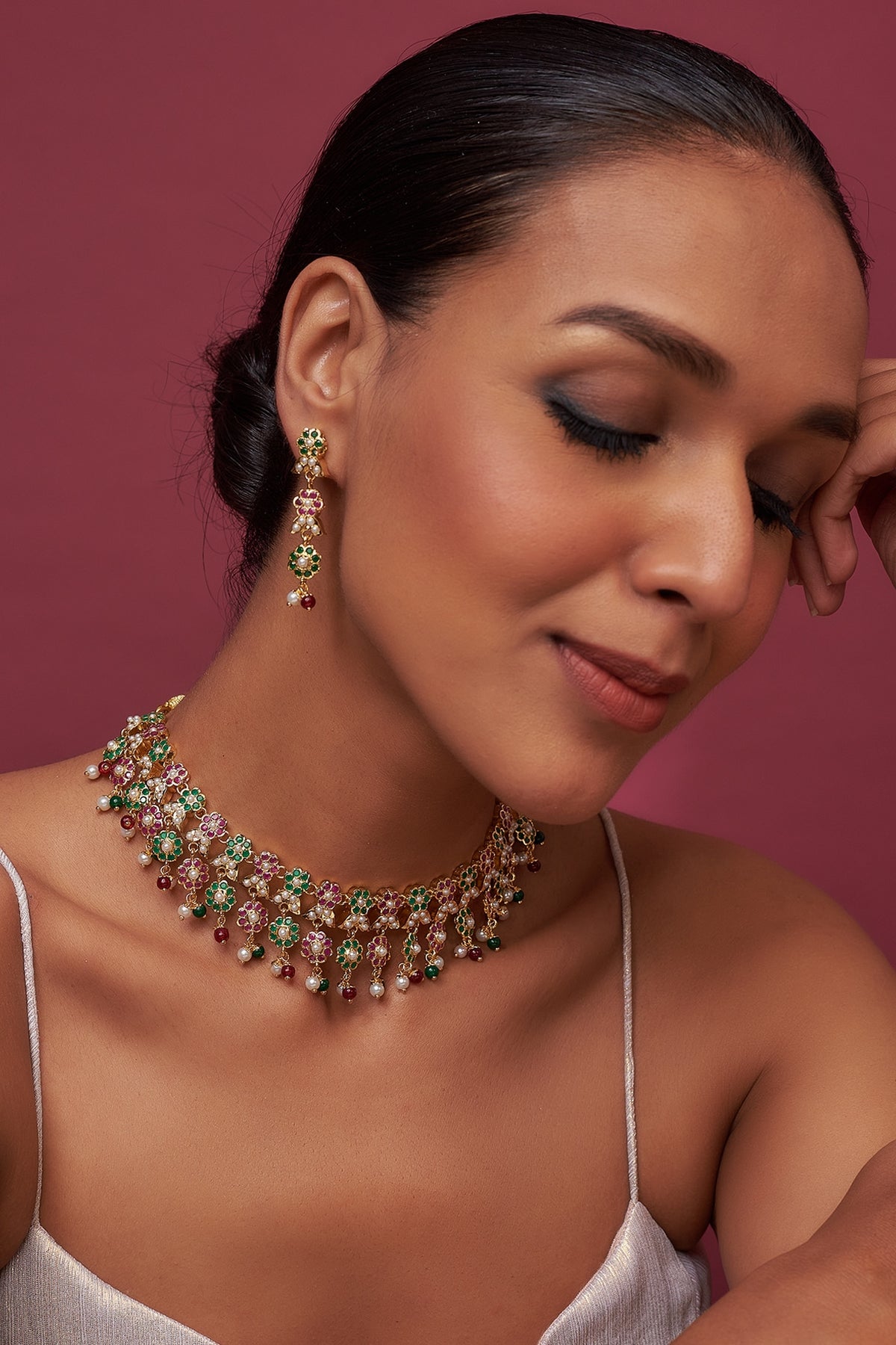 Gold Finish Kundan Polki & Pearl Choker Necklace Set