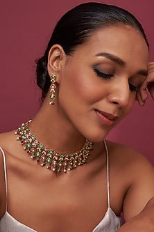Gold Finish Kundan Polki & Pearl Choker Necklace Set