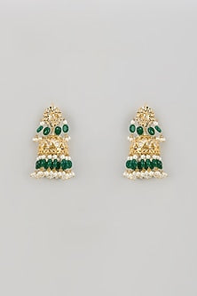 Gold Finish Kundan Polki & Emerald Synthetic Stone Jhumka Earrings