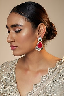 Gold Finish Kundan Polki & Red Stone Dangler Earrings