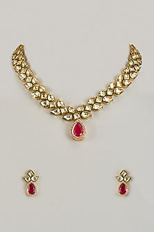 Gold Finish Kundan Polki & Ruby Synthetic Stone Necklace Set