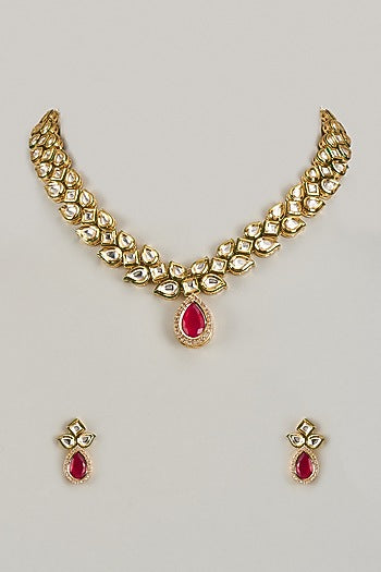 Gold Finish Kundan Polki & Ruby Synthetic Stone Necklace Set