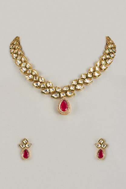 Gold Finish Kundan Polki & Ruby Synthetic Stone Necklace Set