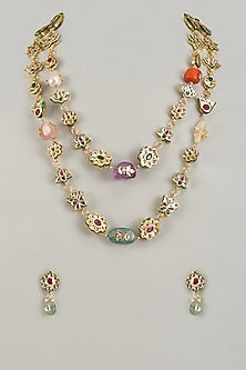 Gold Finish Kundan Polki & Multi-Colored Stone Mala Set
