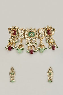 Gold Finish Kundan Polki & Red Stone Choker Necklace Set