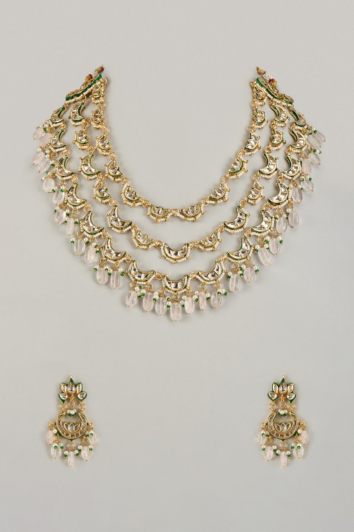Gold Finish Kundan Polki & Green Stone Long Necklace Set