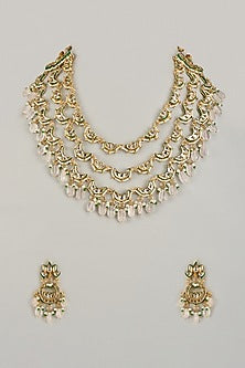 Gold Finish Kundan Polki & Green Stone Long Necklace Set