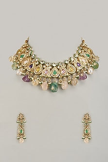 Gold Finish Kundan Polki & Multi-Colored Stone Necklace Set
