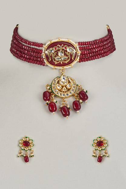 Gold Finish Kundan Polki & Ruby Synthetic Stone Choker Necklace Set