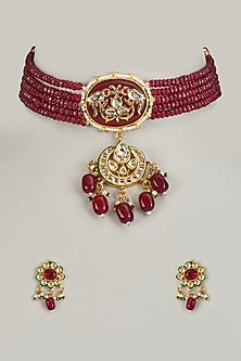 Gold Finish Kundan Polki & Ruby Synthetic Stone Choker Necklace Set