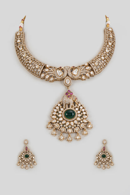 Gold Finish Kundan Polki & Emerald Synthetic Stone Necklace Set