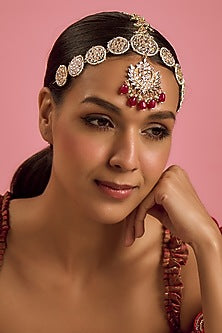 Gold Finish Kundan Polki & Ruby Synthetic Stone Mathapatti