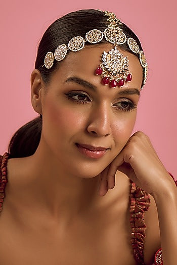 Gold Finish Kundan Polki & Ruby Synthetic Stone Mathapatti