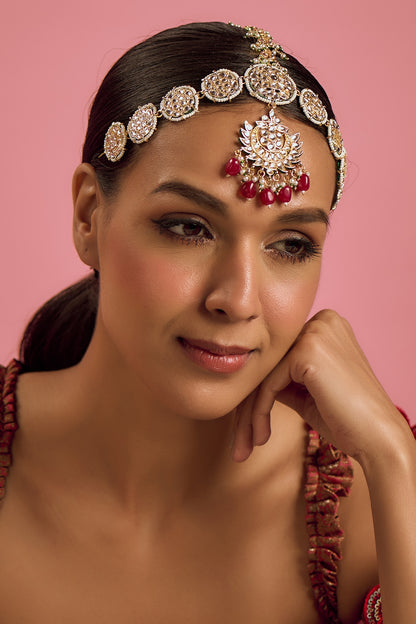 Gold Finish Kundan Polki & Ruby Synthetic Stone Mathapatti