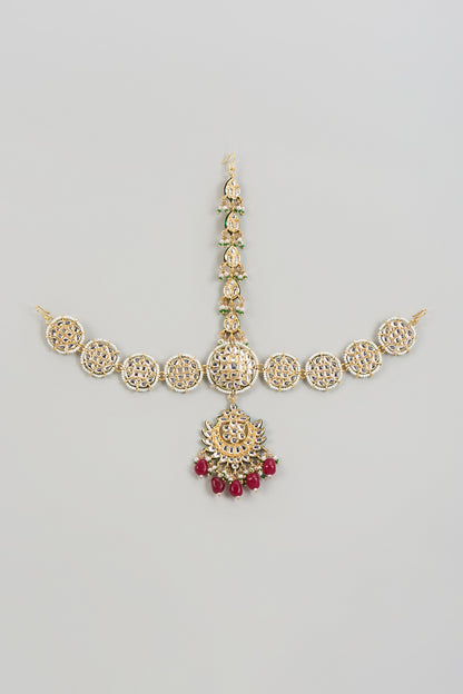 Gold Finish Kundan Polki & Ruby Synthetic Stone Mathapatti