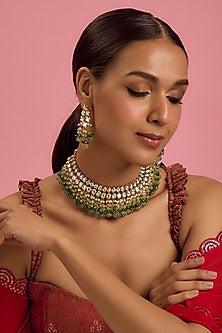 Rose Gold Finish Kundan Polki & Emerald Synthetic Stone Necklace Set