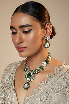 Gold Finish Kundan Polki & Green Stone Long Necklace Set