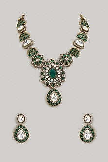 Gold Finish Kundan Polki & Green Stone Long Necklace Set