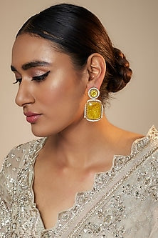 Gold Finish Kundan Polki & Yellow Stone Dangler Earrings