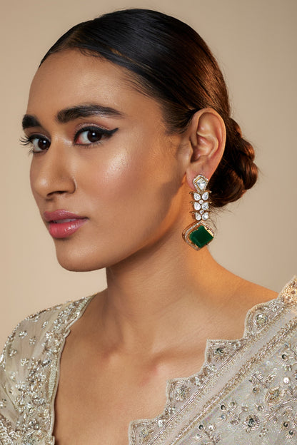Gold Finish Kundan Polki & Green Stone Dangler Earrings