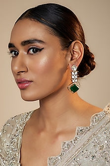 Gold Finish Kundan Polki & Green Stone Dangler Earrings