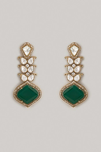 Gold Finish Kundan Polki & Green Stone Dangler Earrings