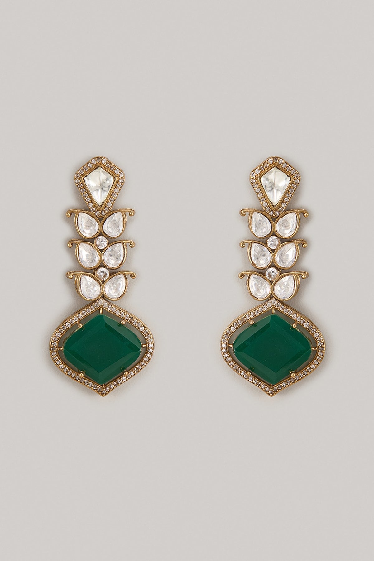 Gold Finish Kundan Polki & Green Stone Dangler Earrings
