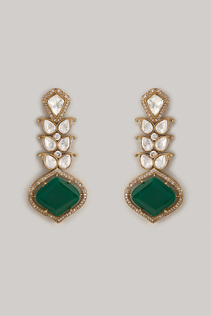 Gold Finish Kundan Polki & Green Stone Dangler Earrings