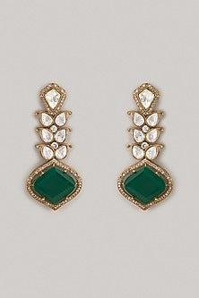 Gold Finish Kundan Polki & Green Stone Dangler Earrings