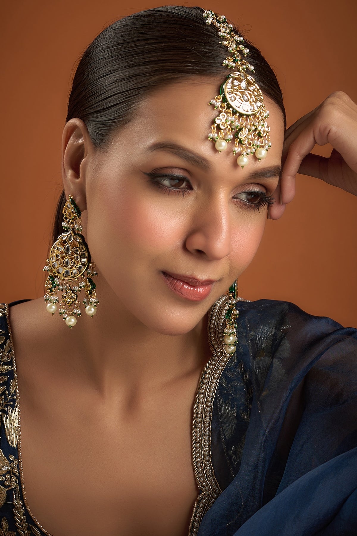Gold Finish Kundan Polki Dangler Earrings With Maangtikka