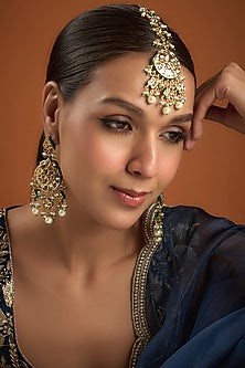 Gold Finish Kundan Polki Dangler Earrings With Maangtikka