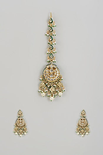Gold Finish Kundan Polki Dangler Earrings With Maangtikka