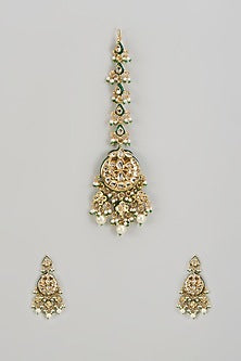 Gold Finish Kundan Polki Dangler Earrings With Maangtikka