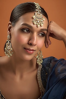Gold Finish Kundan Polki Dangler Earrings With Maangtikka
