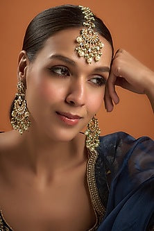 Gold Finish Kundan Polki Dangler Earrings With Maangtikka