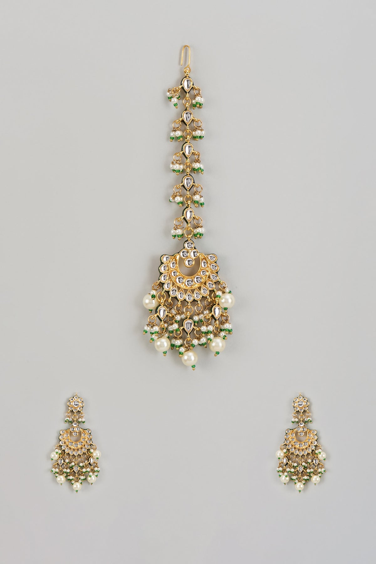 Gold Finish Kundan Polki Dangler Earrings With Maangtikka