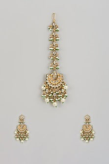 Gold Finish Kundan Polki Dangler Earrings With Maangtikka