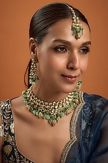 Gold Finish Kundan Polki & Emerald Synthetic Stone Necklace Set