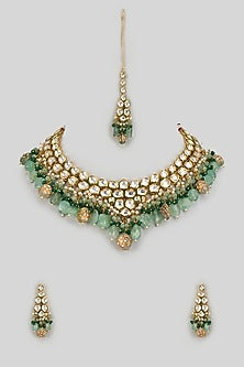 Gold Finish Kundan Polki & Emerald Synthetic Stone Necklace Set